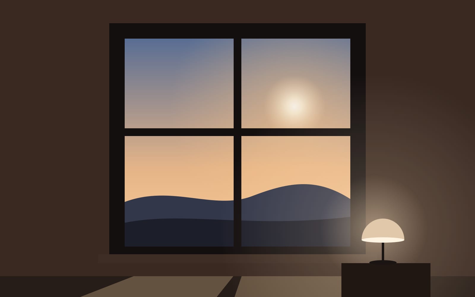 Concept visual: the bedroom just after sunrise. The sun sits above a far ridge in the window's upper right pane, and light lies across the floor beside a glowing dome lamp.